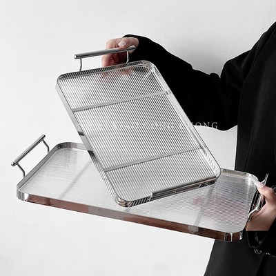 不锈钢家用长方形托盘水果点心铁盘高级感客厅收纳置物水杯茶盘子