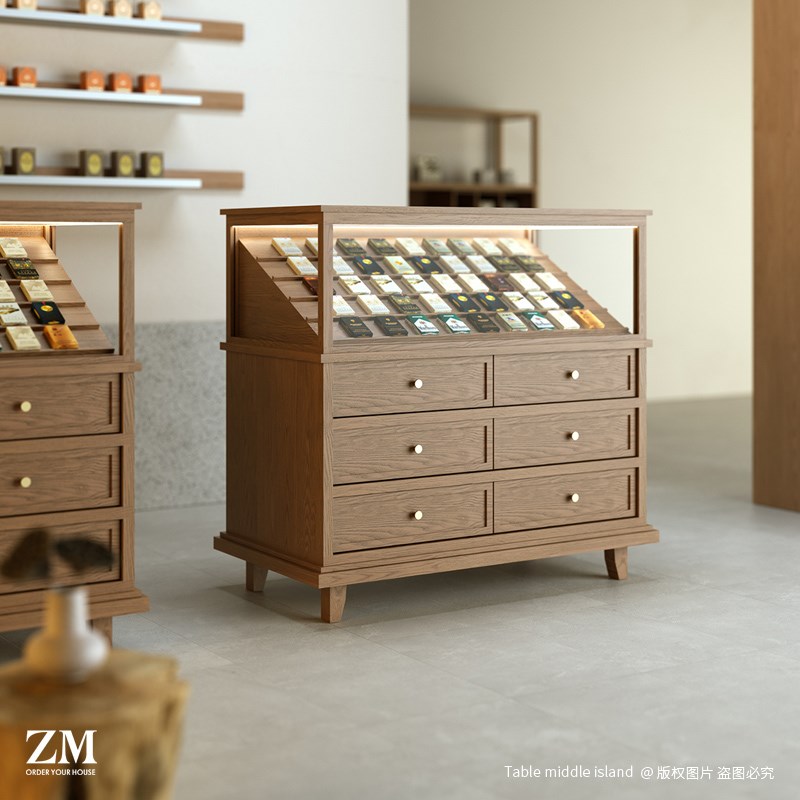 原木风雪茄展示柜香烟玻璃中古货架抽屉储物柜现代简约边柜带灯光