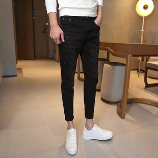 26号27矮小个子潮流破洞漆点小脚黑色牛仔裤 九分裤 瘦版 修身 男小码