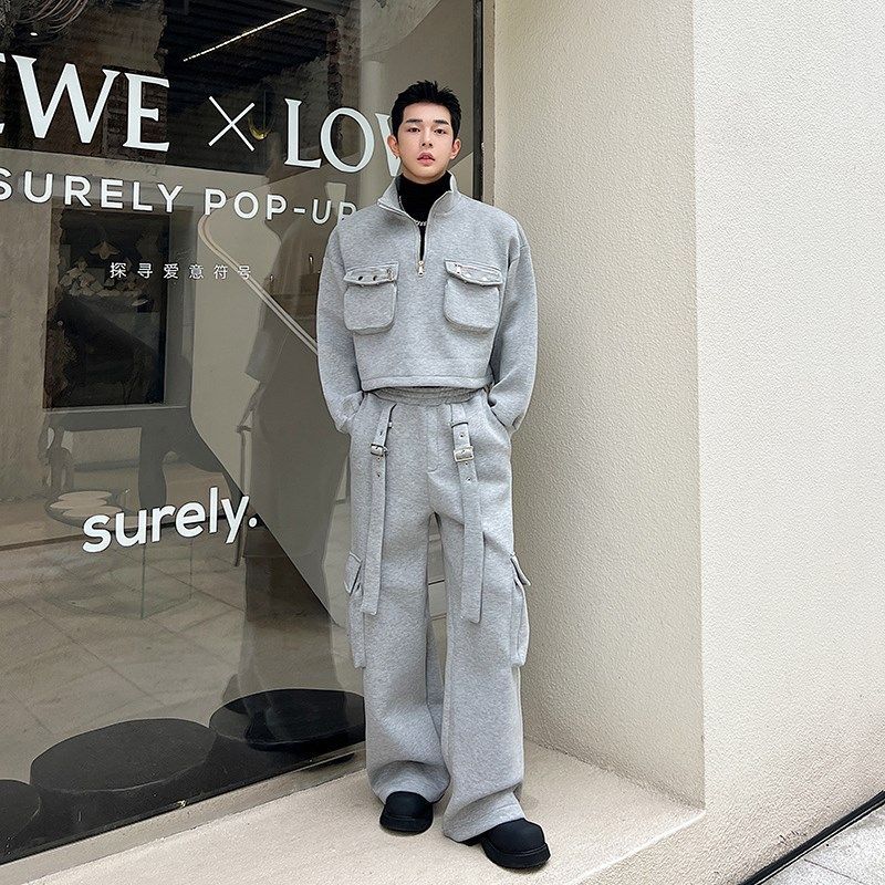 秋冬立体口袋半拉链空气层立领短款卫衣男套装休闲阔腿长裤两件套,男装,其他套装,淘宝优惠券,粉丝福利购,淘宝优惠卷