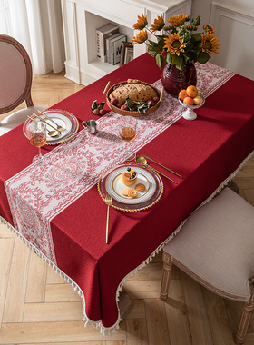 新中式红色布艺餐桌桌布长方形家用结婚婚庆茶几餐桌布订婚装饰