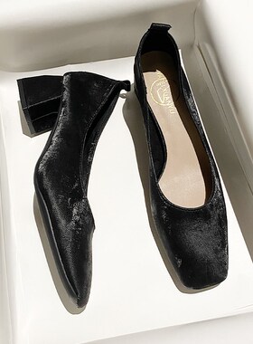 黑色通勤工作鞋软皮单鞋女2025年春秋新款中式国风粗跟方头高跟鞋