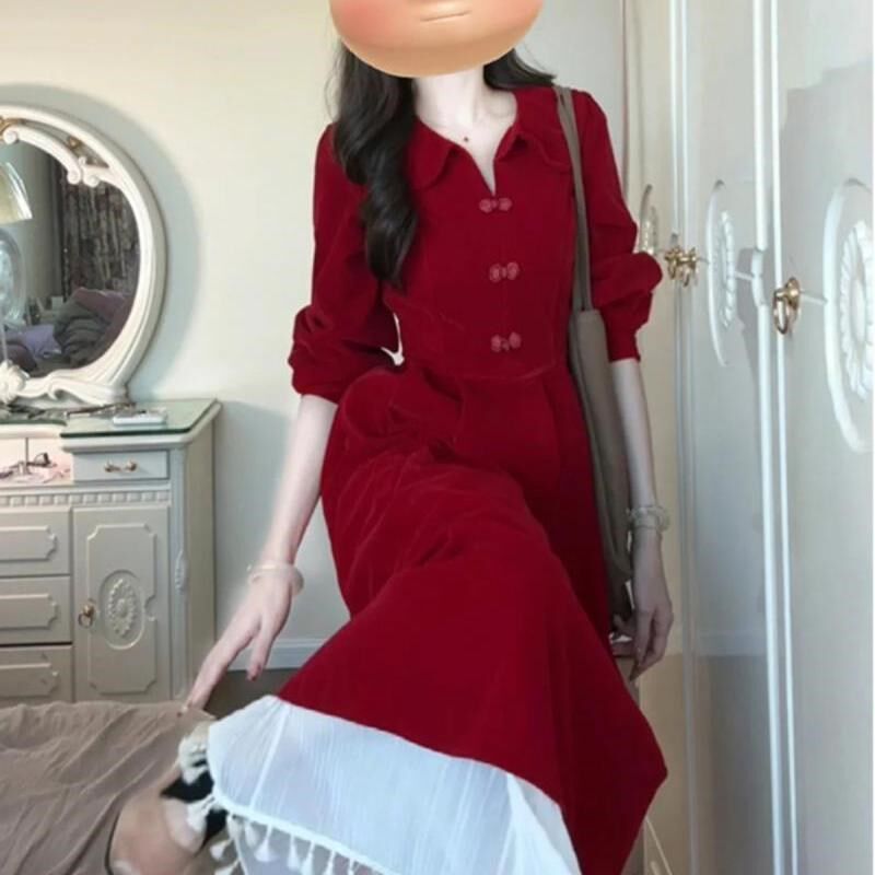 大码胖mm新中式v领盘扣丝绒红色连衣裙女2024秋高级感法式长裙子