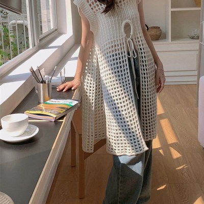 复古开叉网格针织连衣裙女夏季两穿宽松无袖镂空中长款罩衫背心裙
