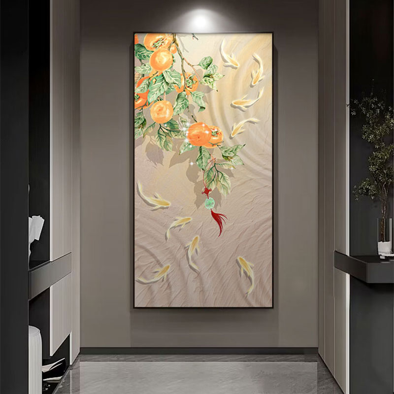 柿柿九鱼b图入户玄关画装饰画新中式客厅挂画现代轻奢楼梯尽头壁图片