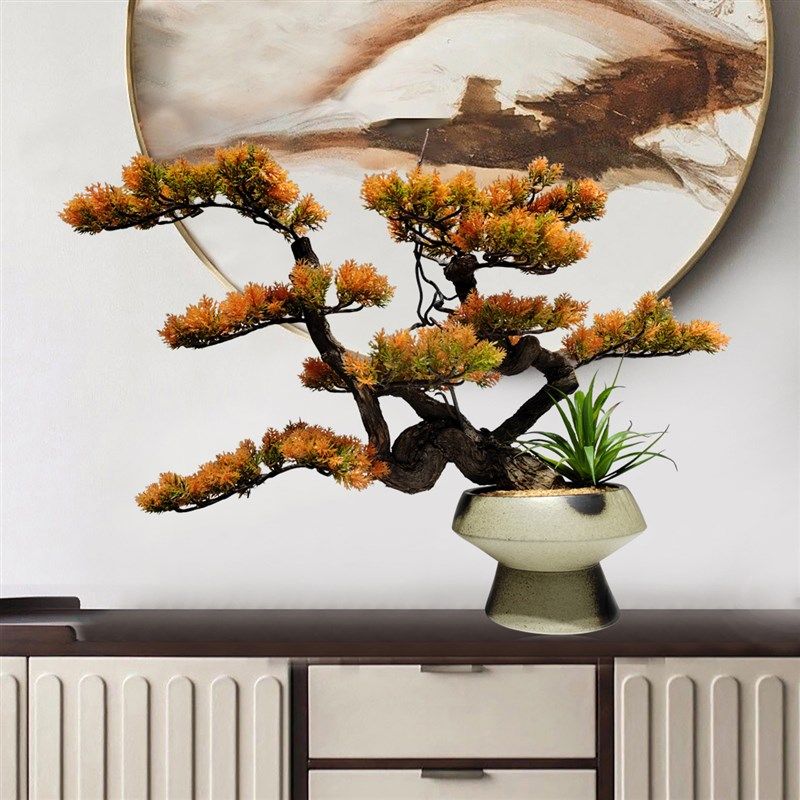 新侘寂风仿真橙色艺迎客松盆景客厅玄关办公室酒店别墅,家居饰品,仿真植物盆景,淘宝优惠券,粉丝福利购,淘宝优惠卷