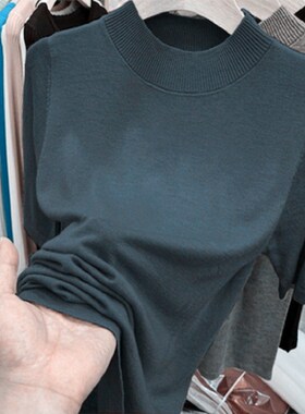 大码五分袖半高领针织衫春秋冬季暗灰色法式中袖修身打底毛衣女潮