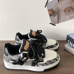 喜叔 淘金黑脏h辫滑板鞋女小众复古牛仔面包鞋情侣厚底休闲运动鞋