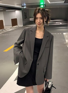 阿一 高级感 单扣西装外套女春秋新款宽松气质韩版灰色休闲西服
