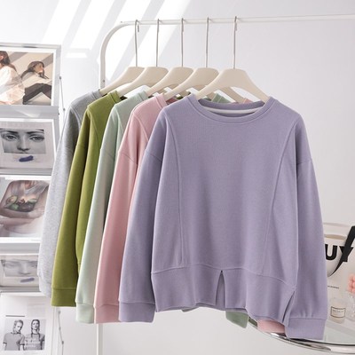 软糯温柔浅紫色无帽套头卫衣女春秋薄款宽松休闲百搭圆领长袖上衣