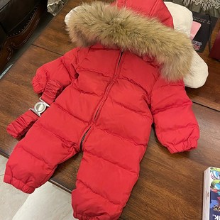 宝宝连体羽绒服男女童连体衣爬爬服哈衣大毛领外套 3岁童装