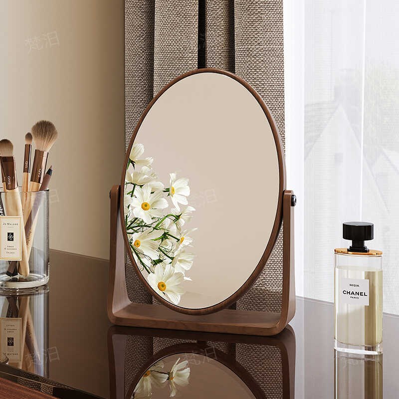 实木化妆镜台式桌面旋转梳妆镜卧室2024轻奢现代简约梳妆台小镜子