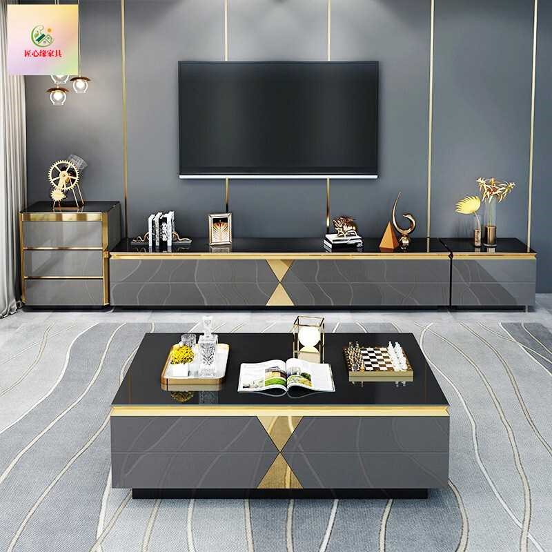 新款高级感全实木轻奢茶几电视柜组合简约现代小户型客Z厅岩板地