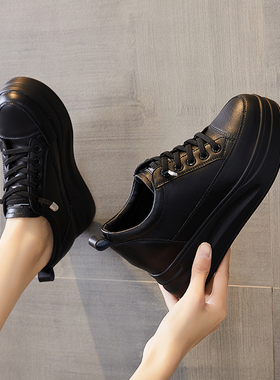 真皮全黑内增高女鞋8cm冬季x加绒黑色松糕鞋34码小个子厚底小皮鞋