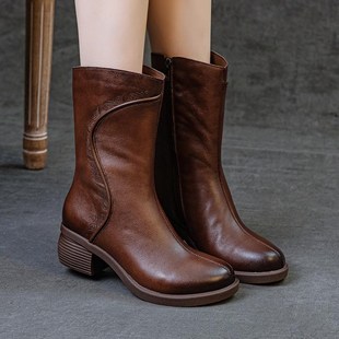 国潮风靴子女2024秋冬季新款真皮复古中筒靴粗跟T汉服旗袍鞋子民