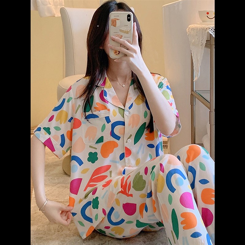 开衫棉绸睡衣女夏季新款短袖长裤人造棉家居服可外穿甜美绵绸套装