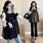 显瘦娃娃衫 孕妇装 春秋怀孕衣服 拼色长袖 方领上衣宽松大码 秋装 时尚