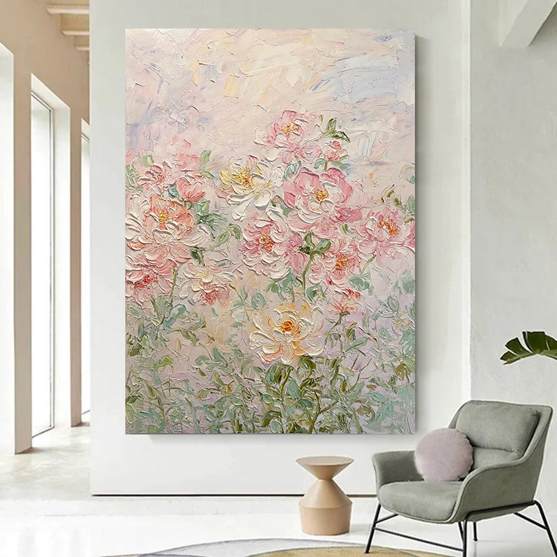 原木奶油风抽象j花卉手绘油画客厅富贵牡丹装饰画玄关立体肌理挂图片