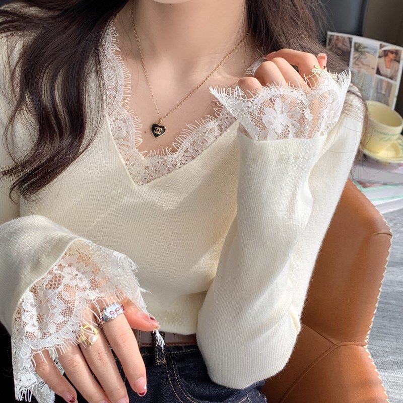 白色V领蕾丝打底衫女内搭2024秋冬新款法式薄款毛衣别致针织上衣,女装/女士精品,毛针织衫,淘宝优惠券,粉丝福利购,淘宝优惠卷