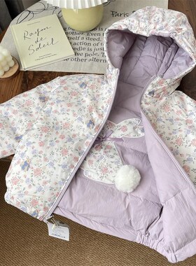 冬装紫色双面穿女童90羽绒服外套宝宝儿童休闲连帽加厚保暖上衣女