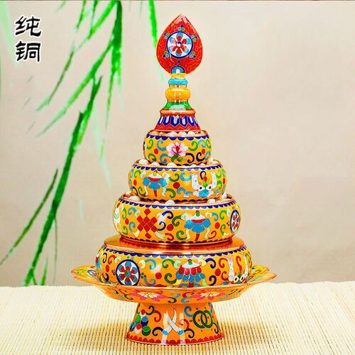 藏式景泰蓝曼扎盘纯铜供曼扎家用景泰蓝铜曼曼茶罗摆件七宝供奉