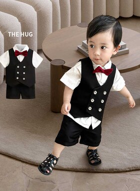 男童绅士服夏款宝宝红色领结英伦风夏款西装马甲短袖花童生日礼服