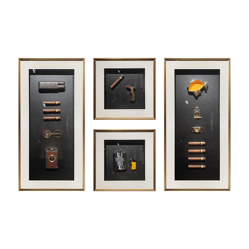 简约客厅沙发背景四联挂画卧室雪茄烟斗酒壶立体实物画深圳市