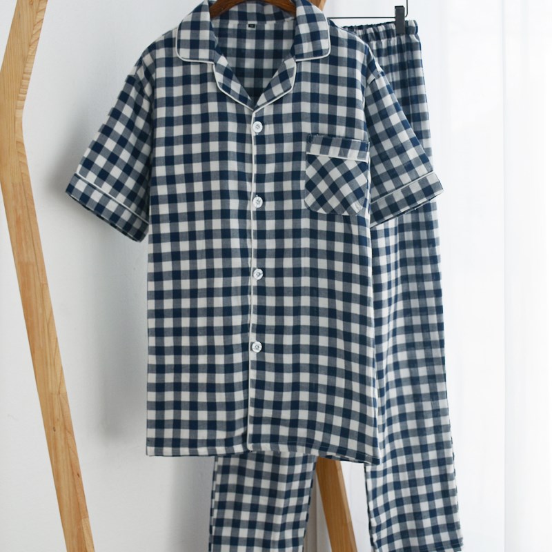 日系格子睡衣男士春夏季纯棉纱布薄款加大码短袖长裤家居服套装