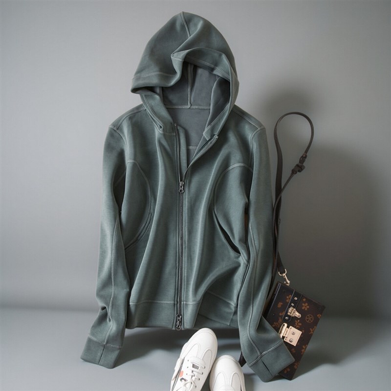 拉链卫衣女春秋新款墨绿色连帽修身打底开衫外套休闲正肩动运上衣