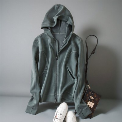 拉链卫衣女春秋新款墨绿色连帽修身打底开衫外套休闲正肩动运上衣