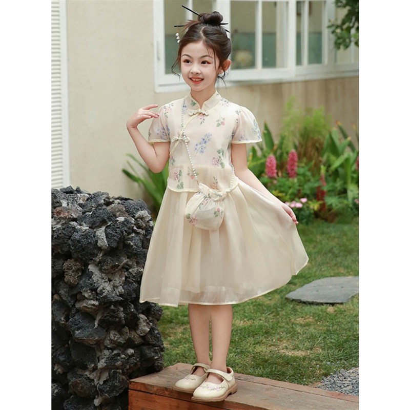 女童新中式旗袍连衣裙2024夏季新款短袖刺绣国纱裙国风汉服公主裙