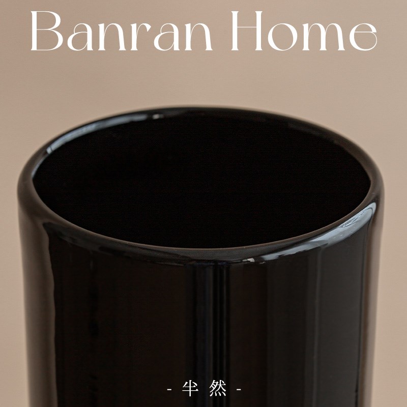 黑色高脚花瓶半然家居法式高级感中古风复古纯黑琉璃插花器摆件