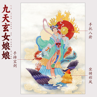 九天玄女画像圣母娘娘挂画客厅家用供奉神像实木相框摆台高