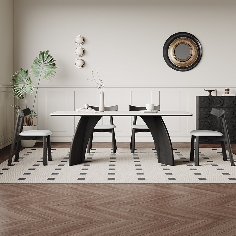 白色岩板餐桌法式复古现代简约家用大小户型长方形白蜡木实木餐桌