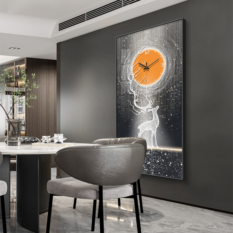 轻奢麋鹿玄关装饰画现代钟表挂钟客厅餐厅晶瓷画静音艺术时钟挂墙图片