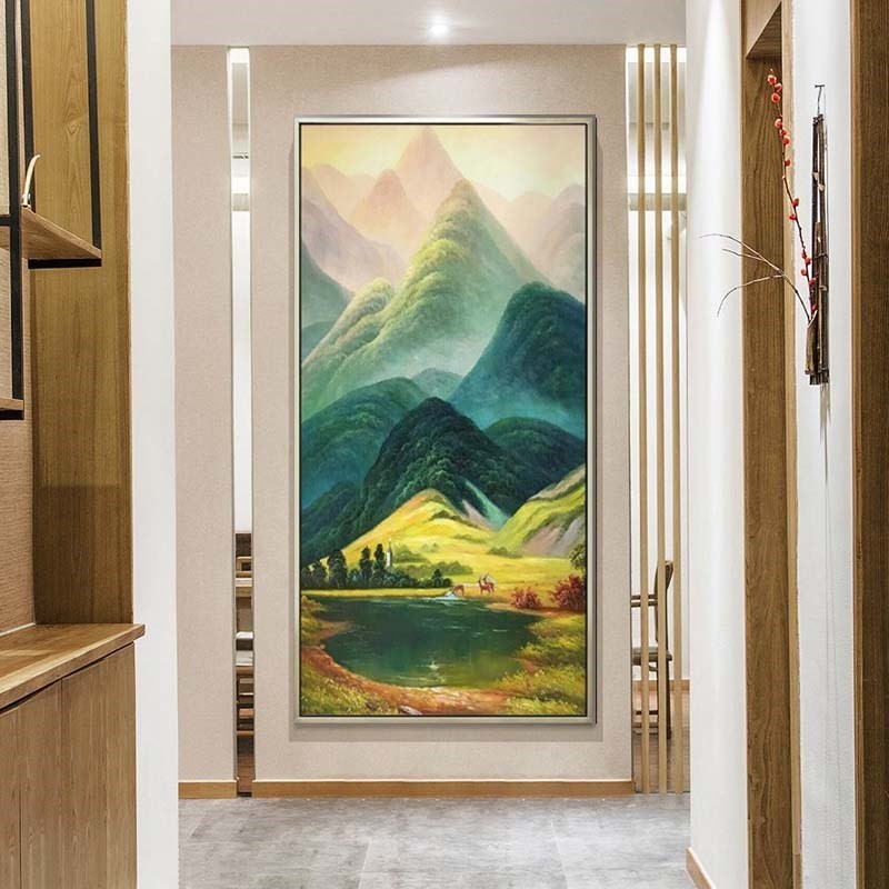 手绘油画巨人山风景现代山水画玄关装饰画招财鹿过道挂画壁画竖画图片