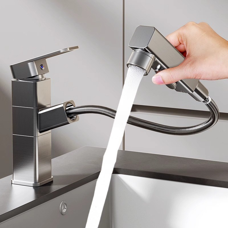 全铜水龙头抽拉式面盆冷热多功能防溅洗脸漱口卫生间洗手盆水龙头