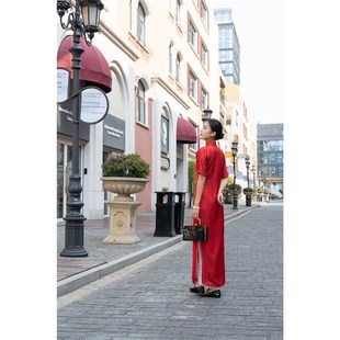 旧事旗袍/欢喜冤家/重工制作红色织金醋酸缎一片式无省修身敬酒服