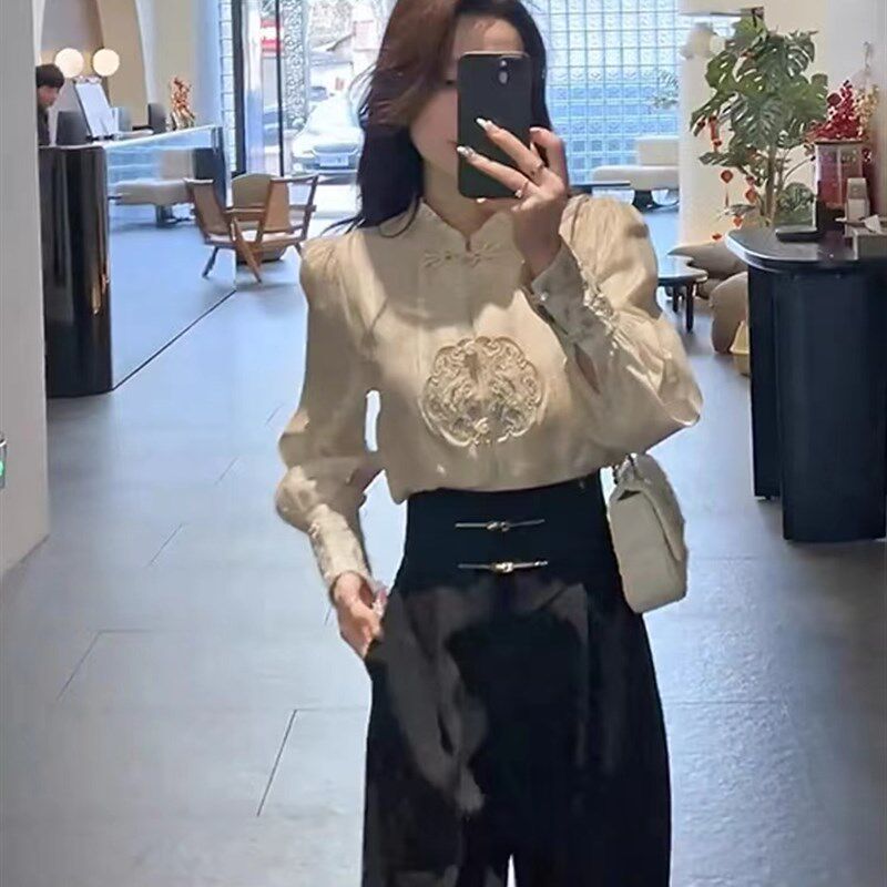 春季外出哺乳衣中式套装时尚减龄衬衫休闲裤喂奶衣产后嫩妈两件套