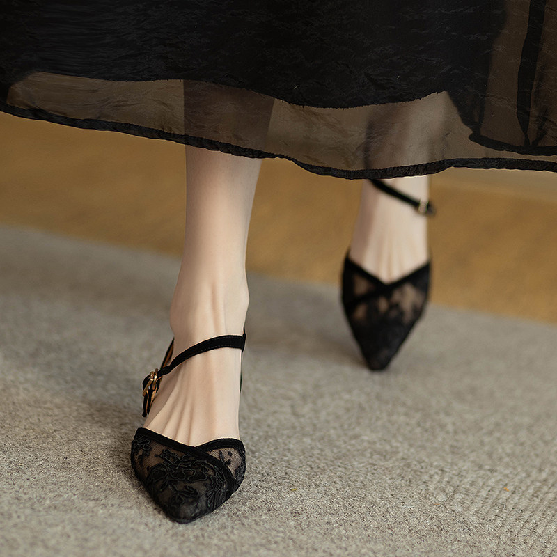 2023蕾丝网纱凉鞋细跟猫跟鞋尖头低跟女士单鞋婚纱鞋包头后空凉鞋,女鞋,时装凉鞋,淘宝优惠券,粉丝福利购,淘宝优惠卷