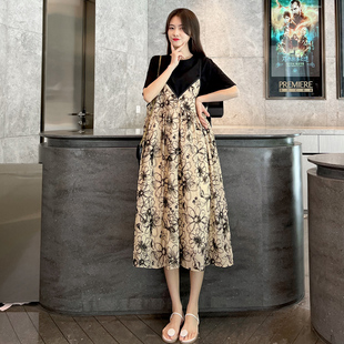 连衣裙2023新款 款 个性 外出时尚 两件套 纯棉上衣背带裙套装 孕妇夏装
