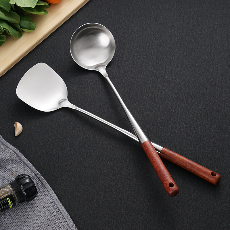 厨师专用304不锈钢锅铲老式木柄家用厨房长柄炒勺大汤勺炒菜套装