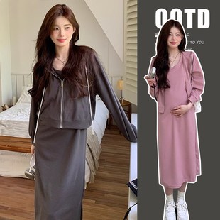 孕妇秋装套装2024新款连衣裙春秋季上衣大码两件套秋冬款显瘦裙子