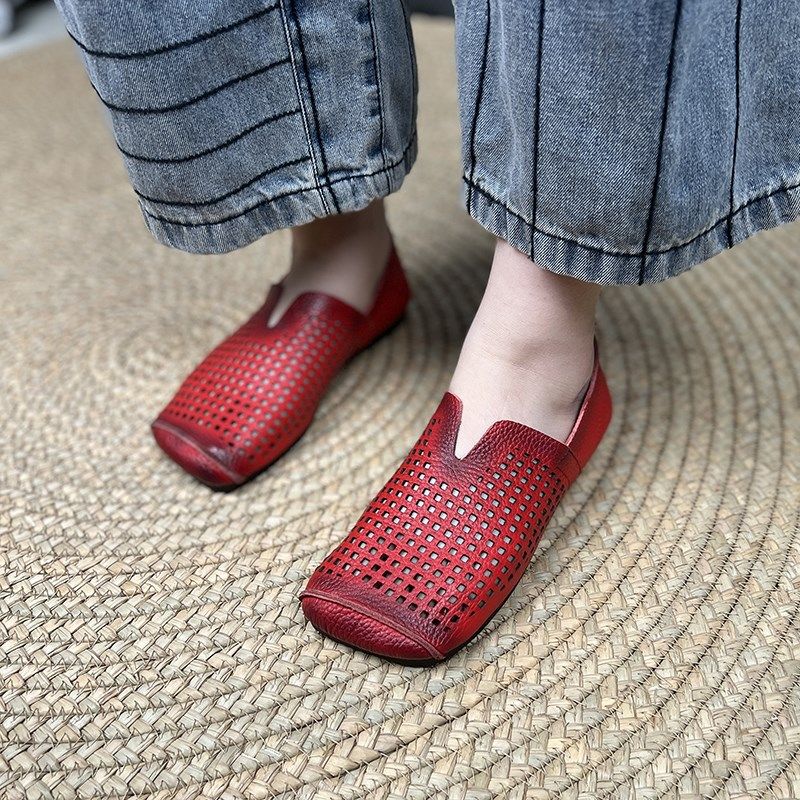 艺鞜2024年夏季新款头层牛皮软底真皮懒人方头洞洞鞋打孔凉鞋女