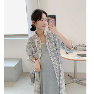 U型背心连衣裙套装 孕妇简约翻领春装 衬衫 长袖 防晒衣 格子中长款