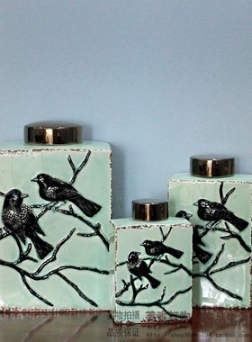 美式乡村家居装饰品客厅玄关摆件裂纹浅绿陶瓷电镀盖花鸟装饰方罐