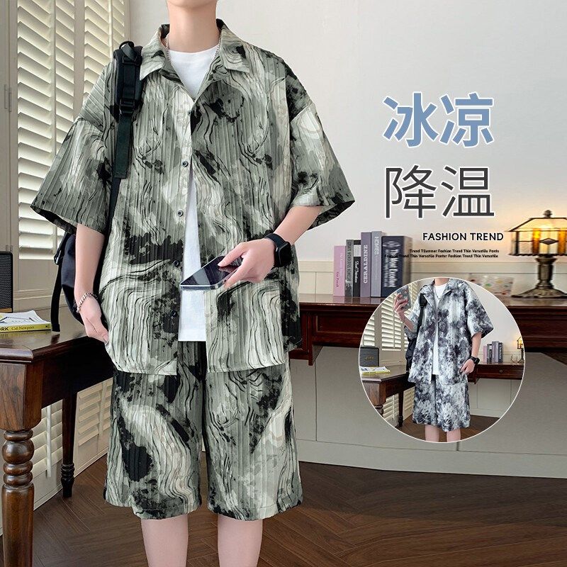 新中式国风冰丝沙滩套装男士夏季薄款宽松高级感休闲衬衫短裤,男装,休闲运动套装,淘宝优惠券,粉丝福利购,淘宝优惠卷