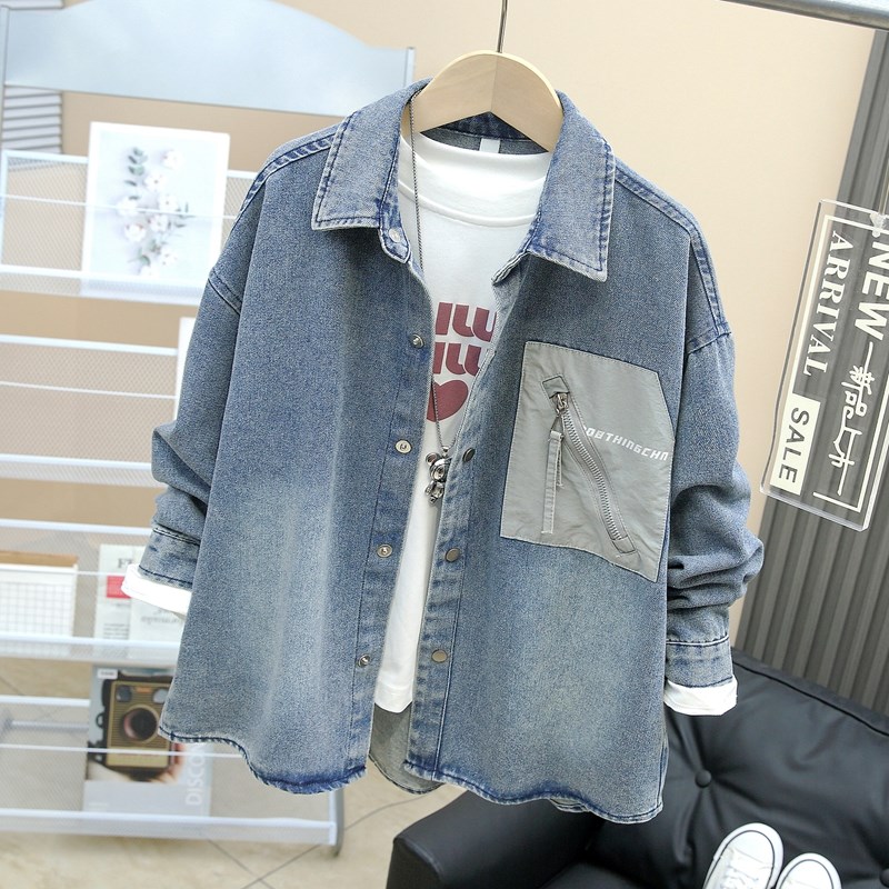 儿童个性拉链口袋牛仔衬衫男童春装开衫薄外套翻领衬衣潮童装夹克