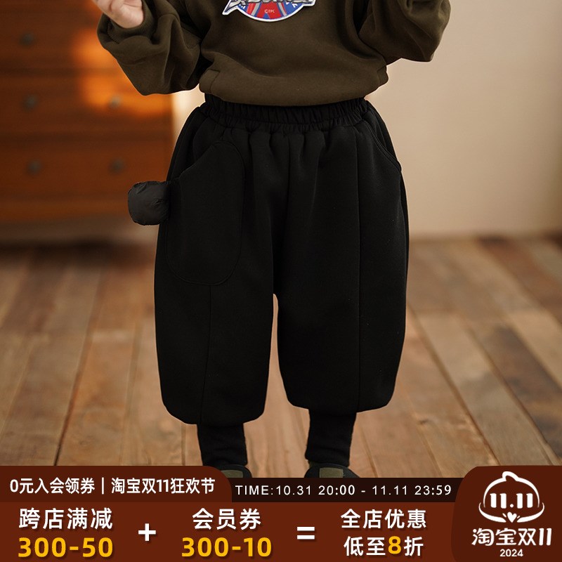 砚台家童装男童阔腿靴裤儿童纯棉长裤男宝宝加绒休闲裤秋冬装黑色图片