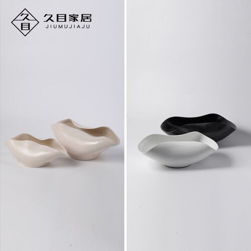 现代极简酒店前台茶几果盘装饰摆件手工陶瓷卷边花盆花器素雅饰品
